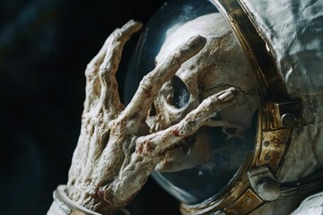 Skull in space suit with a hand raised.