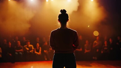 A captivating silhouette of a performer standing on stage under warm spotlight beams, with a blurred audience in the background, evoking themes of confidence, creativity, and public speaking