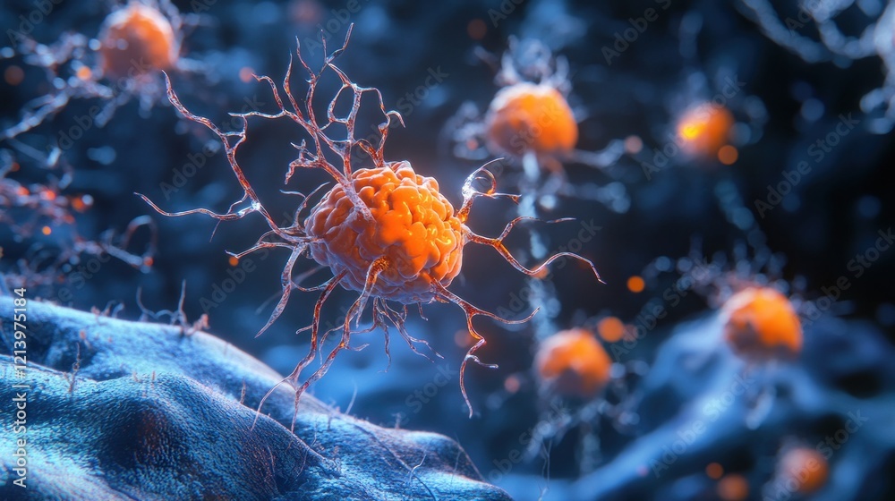 Poster microscopic view of a single cancer cell with dendrites