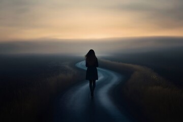 Obraz premium Silhouette of a woman walking on a winding road that disappears into the fog at sunset, creating a mysterious and evocative atmosphere