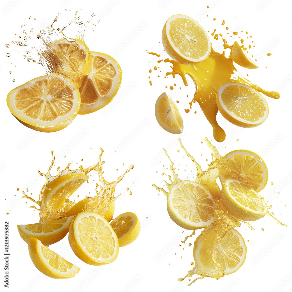 Aufkleber A collage showcasing four dynamic images of lemon slices with splashing juice, emphasizing freshness and vibrancy.