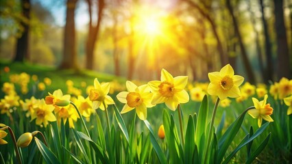 Yellow daffodil flowers blooming in a lush green field with warm sunlight filtering through the trees, creating a sense of serenity and new beginnings , daffodils, landscape