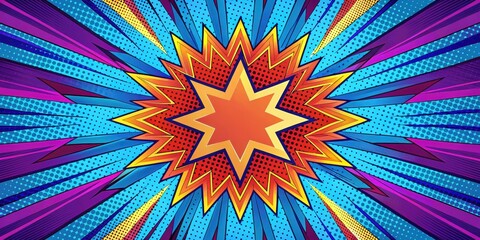 Fototapeta premium A colorful comic book-inspired art piece featuring a stylized radial design with geometric shapes and bold lines, against a bright blue or purple background , Geometric Shapes, Colorful Background