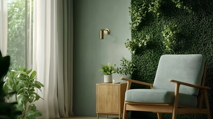 Fototapeta premium Cozy and modern minimalist living room interior design with large window lush green plants and natural decor elements creating a tranquil serene and refreshing ambiance
