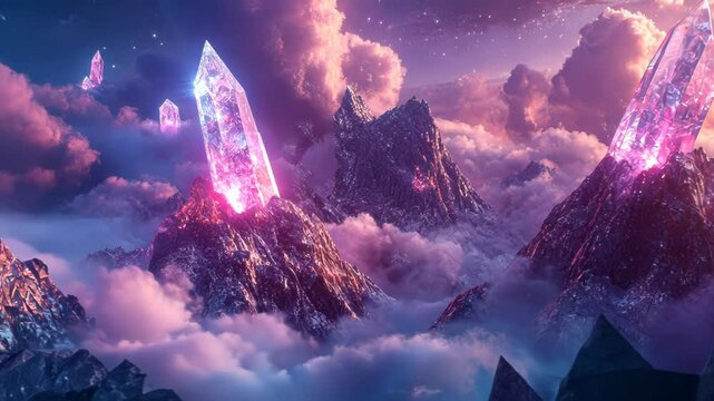 A surreal landscape featuring towering, glowing crystals amidst vibrant clouds and mountains.