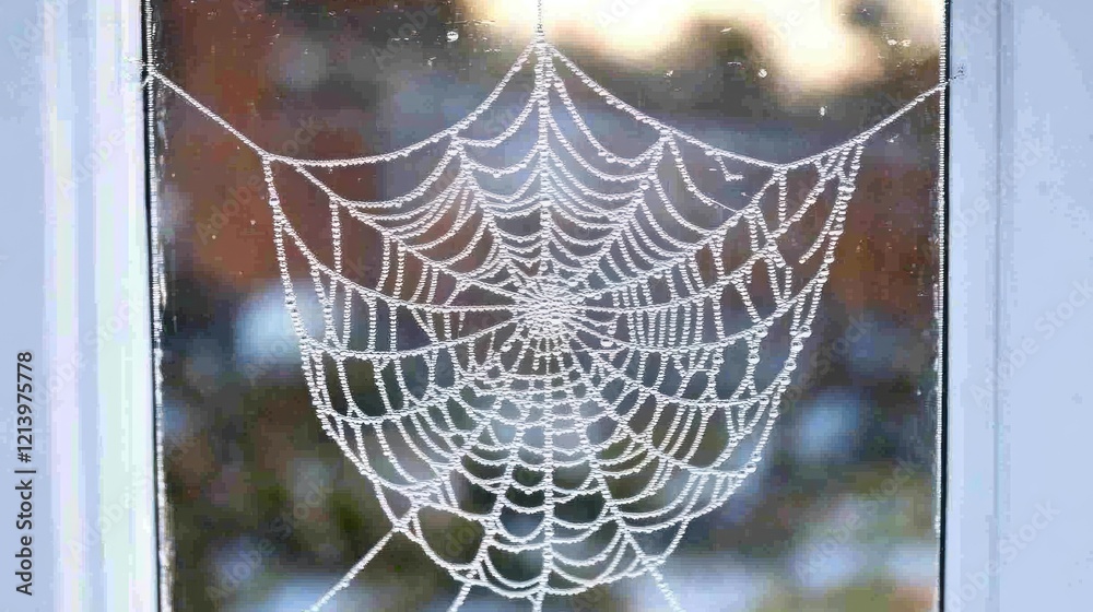 Poster dew covered spiderweb adorns window pane