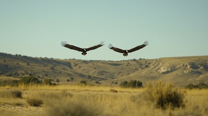 Two Vultures Soaring Over Arid Landscape