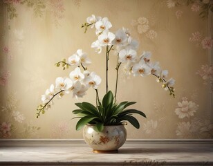 Classic elegance with artificial orchids adorning a vintage wallpaper background, interior, wallpaper