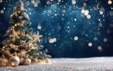 Fototapeta premium Snowy Christmas Tree with Golden Lights and Bokeh Background on Glittery Surface.