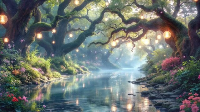 fantasy river of fireflies and lights. 4k seamless looping animation