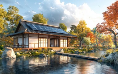 Obraz premium A traditional Japanese wooden house with sliding doors and a zen garden, located next to a peaceful river under a sunny sky, with discreetly integrated solar panels on the roof