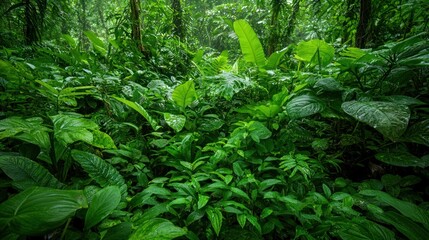 Obraz premium A variety of green, lush plants growing in a dense forest, capturing the richness and diversity of nature