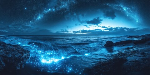Fototapeta premium Bioluminescent Waves Under a Starry Night Sky, Enchanting Ocean Landscape.