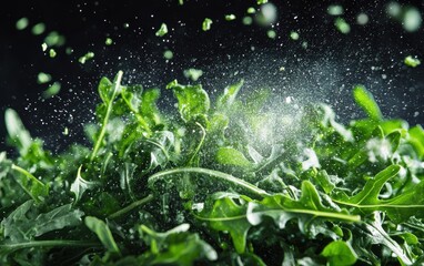 Arugula leaves with green mist splattering mid-air.