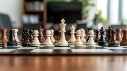 Chess game mid-play, office background