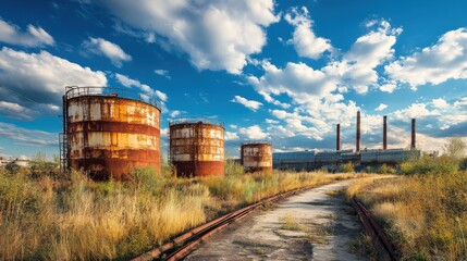 Obraz premium Rusted Industrial Storage Tanks and Factory Under Blue Sky