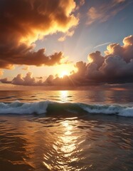 Dramatic clouds illuminated by golden sunset over the sea, nature, sunset