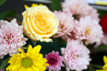 Fototapeta premium a bouquet of roses and chrysanthemums, looking beautiful