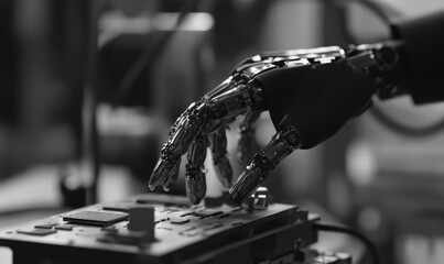 Robot hand reaches toward circuit board in monochrome.