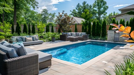 Backyard with a swimming pool and stylish patio furniture
