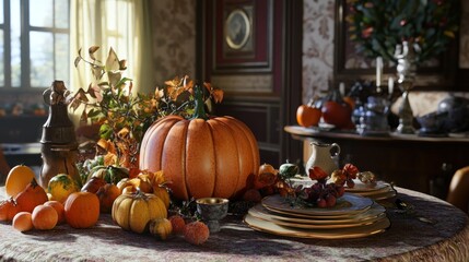 Autumnal Harvest Scene With Pumpkins And Table Setting