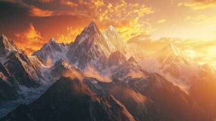 A vast mountain range with snow-capped peaks under a glowing sunrise, evoking a sense of natural wonder