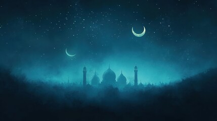 Night Sky Mosque Silhouette Under Crescent Moons