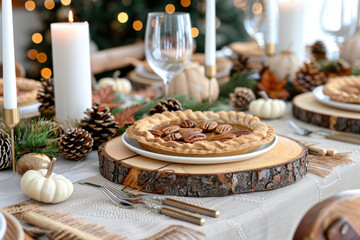 Fototapeta premium A beautifully baked pecan pie served on a rustic holiday table, surrounded by candles, pinecones, and seasonal decorations, creating a warm and inviting ambiance. 