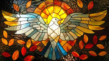 Colorful stained glass window with a white dove background