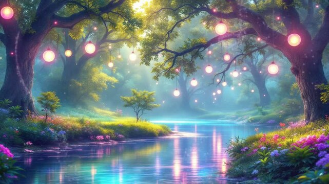 fantasy river of fireflies and lights. 4k seamless looping animation