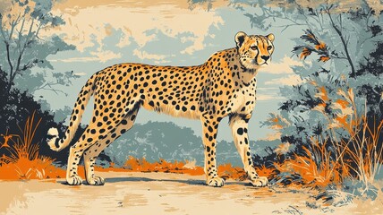 Woodblock print style, a cheetah portrayed with traditional woodblock techniques, emphasizing strong lines and a classic, graphic look.