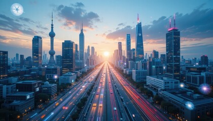 Fototapeta premium Sunrise over a bustling cityscape highway