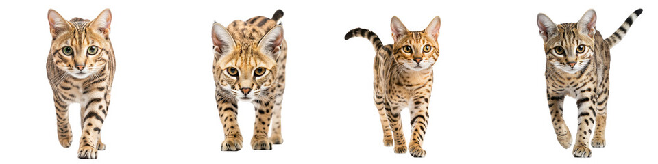 Savannah cats walking with focus and grace, showcasing their unique patterns, isolated on transparent background.