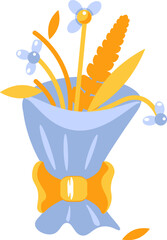 Vector graphic illustration of bouquet of wilted flowers in a vibrant solid cartoon style. The bouquet is housed within a wrapping paper with a golden bow. Fleeting nature of beauty, sadness or nostal
