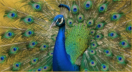 Obraz premium Vibrant peacock with fanned-out feathers on a golden background