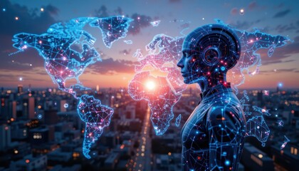Global AI robot overlooking cityscape at sunset