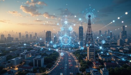 Fototapeta premium Aerial view of city at sunset with digital network overlay