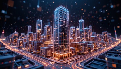Fototapeta premium Futuristic cityscape at night with illuminated skyscrapers and city lights