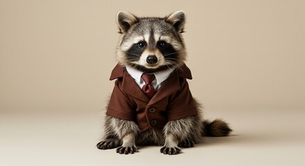Obraz premium Dapper raccoon dressed in a suit and tie on a beige background