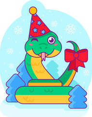 Green snake coiled in rings red cone shaped hat and tail decorated with bow winks playfully. Symbol of 2025 Chinese calendar year. Cartoon vector sticker on blue snowy background