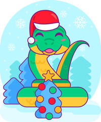 New Year snake coiled in rings dressed in red Santa Claus hat smiles friendly. Symbol of 2025 Chinese calendar year. Cartoon vector sticker on blue snowy background