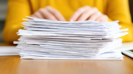 A person's hands are shown typing above a large stack of documents on a wooden desk, emphasizing a busy work environment.