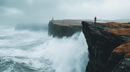 A solitary figure observes powerful ocean waves crashing against a cliff
