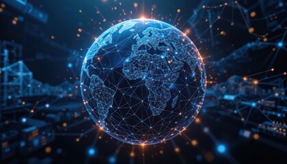 Obraz premium Global Network, Digital Earth, Data Visualization, Interconnected World, in Abstract Background