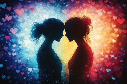 LGBT lover Silhouette of a happy fall in love couple stand in front of colorful hearts true love background for valentine's day celebration, National Coming Out Day - Powered by Adobe