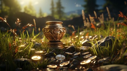 A gold vase with a pile of gold coins next to it