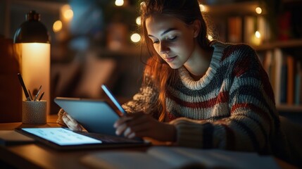 Obraz premium Student studying tablet, cozy library, night
