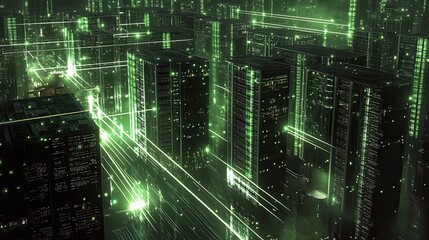 Naklejka premium Digital Cityscape Abstract Futuristic Data Center Network with Glowing Green Connections.