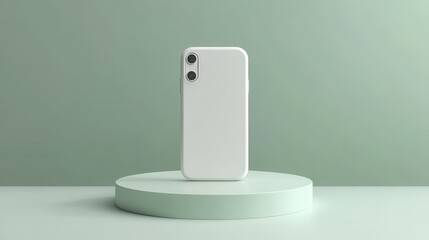 Minimalist White Smartphone Mockup on a Pastel Green Podium for Product Presentation.