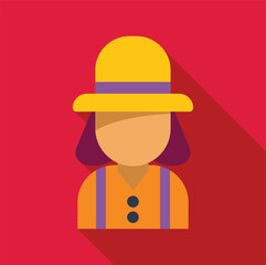 Stylized farmer portrait featuring a woman wearing a yellow hat and an orange shirt with suspenders, set against a vibrant red background, conveying a simple and modern agricultural theme